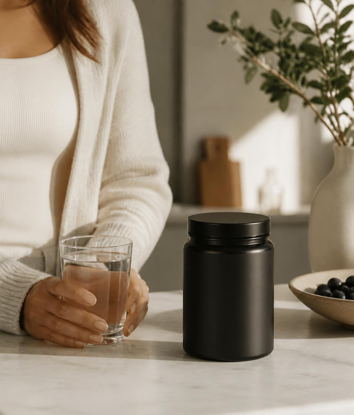 A calm morning routine at a kitchen counter with a glass of water